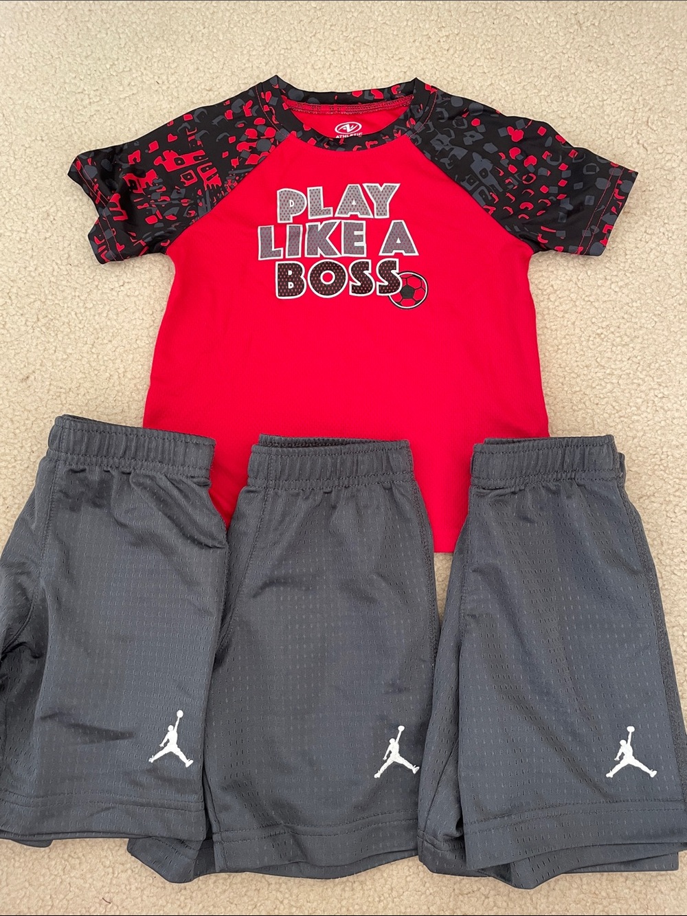 Bundle Red Raglan 'Play Like A Boss' Tee with 3 Gray Athletic Shorts